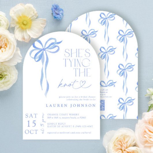 Invitation QR Code Bow She's Tying the Knot Blue Shower