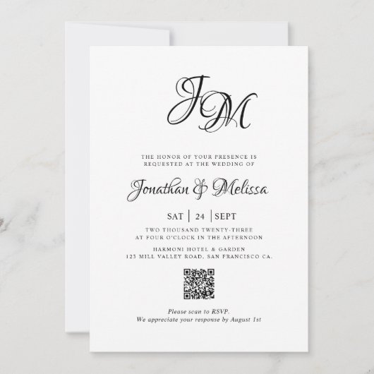 Invitation QR Code Budget Monogramme Script Photo Mariage (Devant)