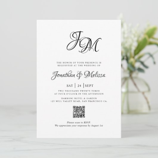 Invitation QR Code Budget Monogramme Script Photo Mariage (Debout devant)