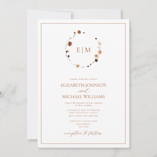Invitation QR Code Bural Rust Floral Wreath Monogramme Mariag (Devant)