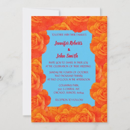 Invitation QR Code Burange Bleu Floral Rose Mariage (Devant)