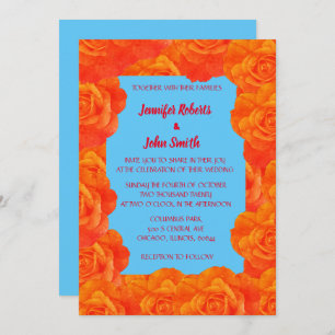Invitation QR Code Burange Bleu Floral Rose Mariage