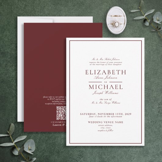Invitation QR Code Burgundy Classic Script Mariage