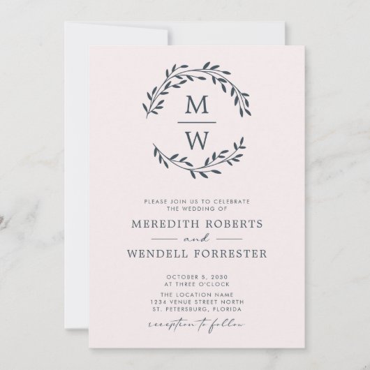 Invitation QR Code Charcoal Blush Monogram Wreath Mariage (Devant)