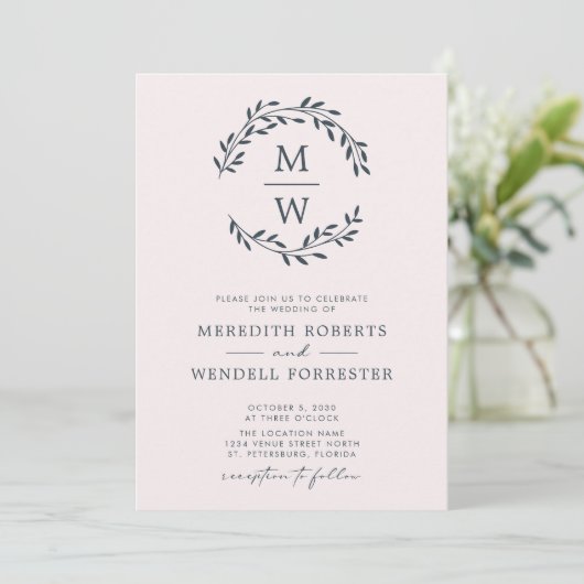 Invitation QR Code Charcoal Blush Monogram Wreath Mariage (Debout devant)