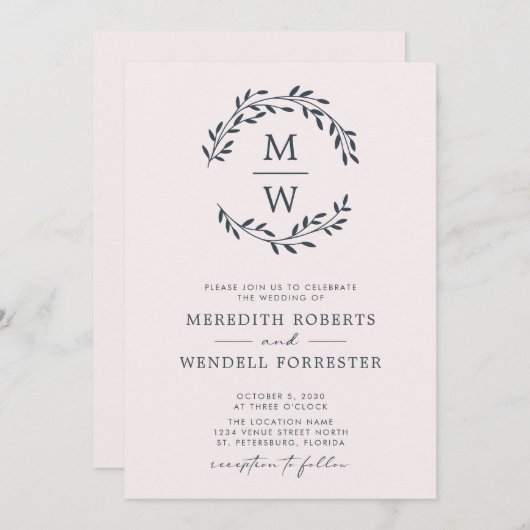 Invitation QR Code Charcoal Blush Monogram Wreath Mariage (Devant / Derrière)