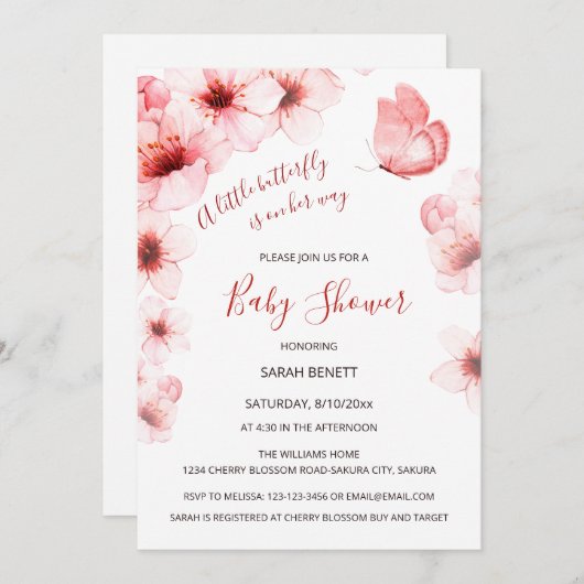 Invitation QR Code Cherry Blossoms Baby shower d'aquarelle (Devant / Derrière)
