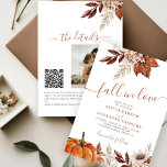 Invitation QR code Chute en Amour citrouille botanique mariag<br><div class="desc">Fleuron botanique rustique moderne, citrouille, feuillage et feuilles séchés faisant un budget d'automne chic tout en un faire-part de mariage avec un script de calligraphie à la mode écriture manuscrite et une palette de couleur beige terre cuite. Personnalisez-le avec votre photo et votre code QR sur votre site Web ou...</div>