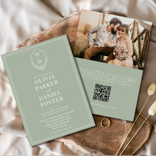 Invitation QR Code Classic Crest Sage Green Photo Mariage