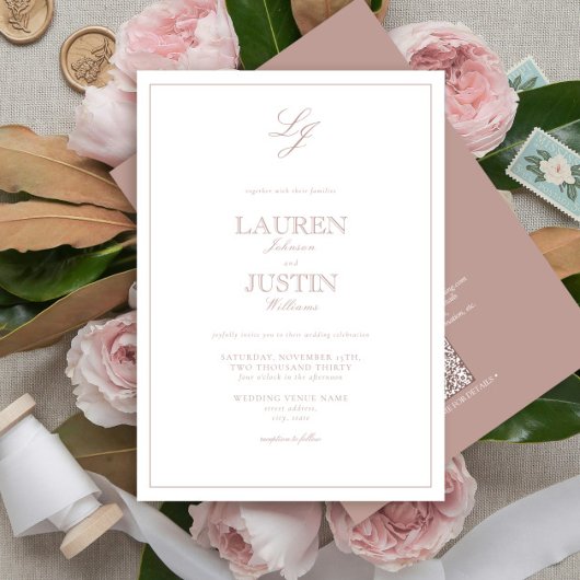 Invitation QR Code Classic Dusty Rose Script Monogram Mariage