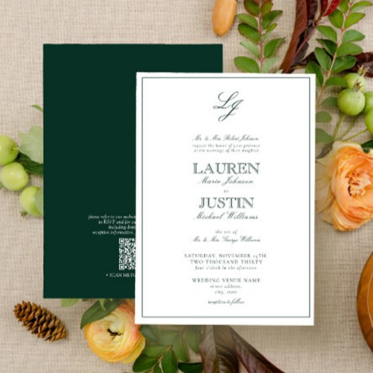 Invitation QR Code Classic Emerald Green Monogram Mariage