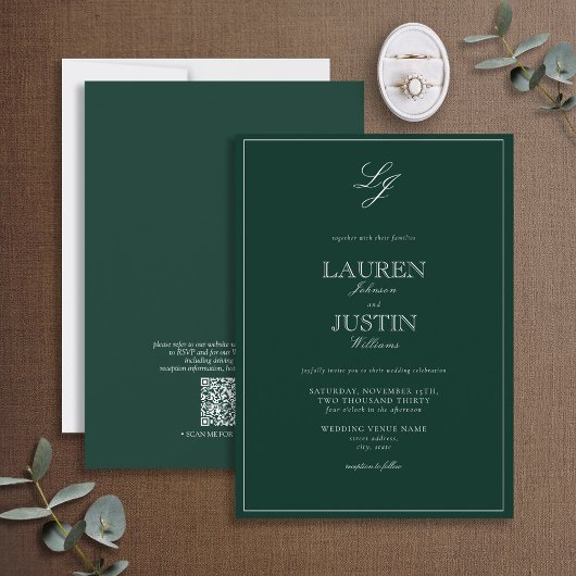 Invitation QR Code Classic Emerald Green Monogram Mariage
