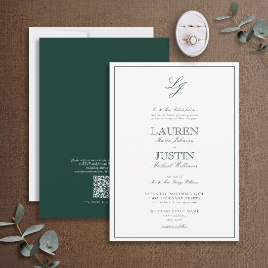 Invitation QR Code Classic Emerald Green Monogram Mariage