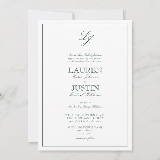 Invitation QR Code Classic Emerald Green Monogram Mariage (Devant)