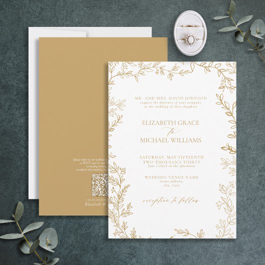 Invitation QR Code Classic Formal Elegant Gold Leafy Mariage