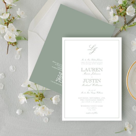 Invitation QR Code Classic Sage Green Script Monogramme Maria