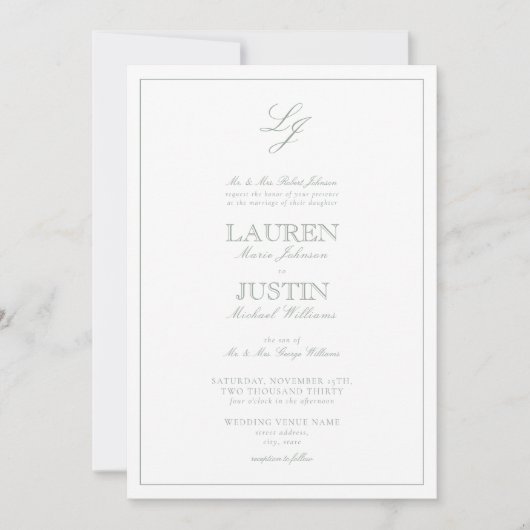 Invitation QR Code Classic Sage Green Script Monogramme Maria (Devant)
