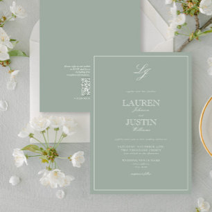 Invitation QR Code Classic Sage Vert Monogramme Mariage
