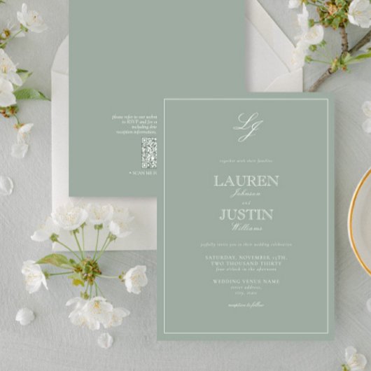 Invitation QR Code Classic Sage Vert Monogramme Mariage