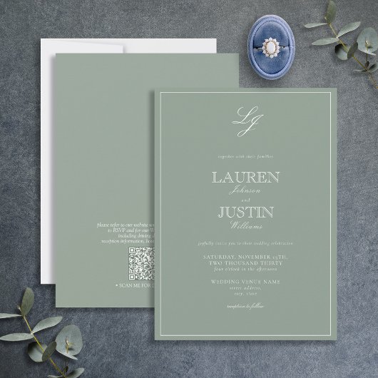 Invitation QR Code Classic Sage Vert Monogramme Mariage