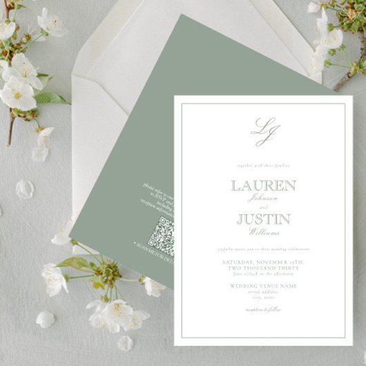 Invitation QR Code Classic Sage Vert Monogramme Mariage