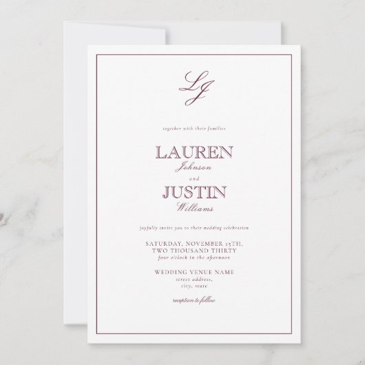 Invitation QR Code Classique Bourgogne Script Monogramme Mari (Devant)