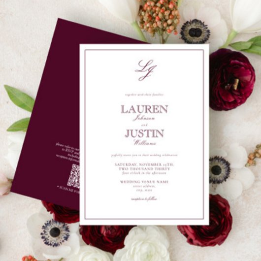 Invitation QR Code Classique Bourgogne Script Monogramme Mari