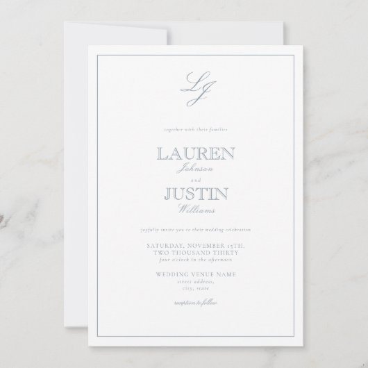 Invitation QR Code classique Dusty Blue Script Monogramme Mar (Devant)