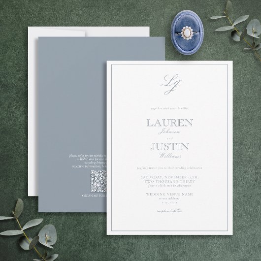 Invitation QR Code classique Dusty Blue Script Monogramme Mar