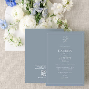 Invitation QR Code classique Dusty Blue Script Monogramme Mar