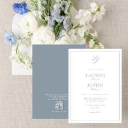 Invitation QR Code classique Dusty Blue Script Monogramme Mar