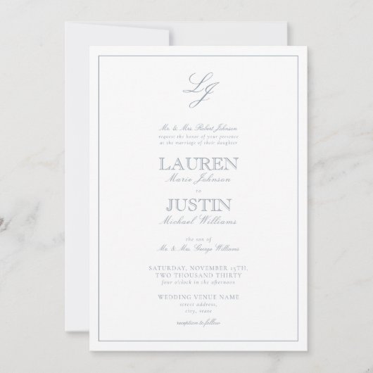 Invitation QR Code classique Dusty Blue Script Monogramme Mar (Devant)