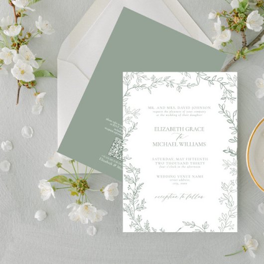 Invitation QR Code Classique Formal Élégant Sage Mariage Vert