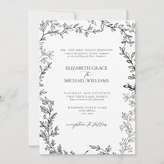 Invitation QR Code classique Formal noir blanc Mariage feuill (Devant)