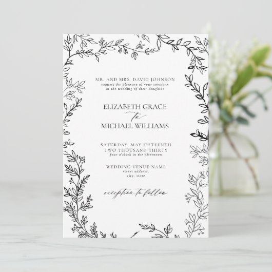 Invitation QR Code classique Formal noir blanc Mariage feuill (Debout devant)