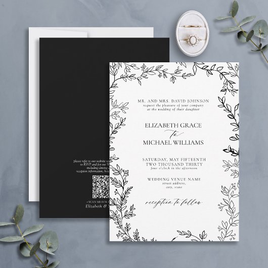 Invitation QR Code classique Formal noir blanc Mariage feuill