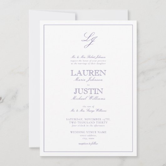 Invitation QR Code classique Lavender Script Monogramme Maria (Devant)