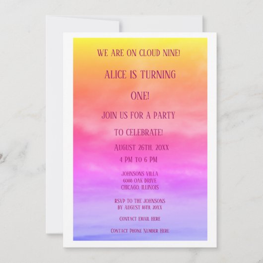 Invitation QR Code Cloud Neuf filles fête d'anniversaire 1er  (Devant)