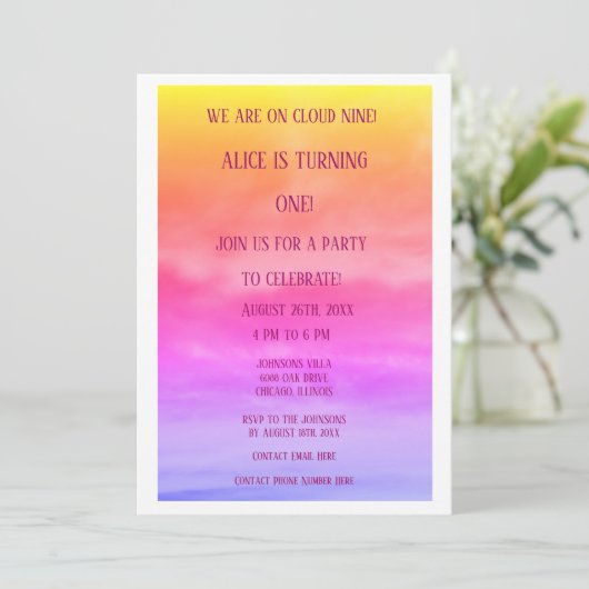 Invitation QR Code Cloud Neuf filles fête d'anniversaire 1er  (Debout devant)