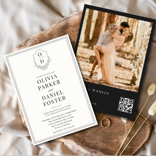 Invitation QR Code Crest Black & White Photo Mariage moderne