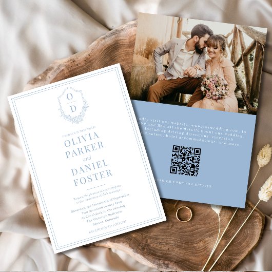 Invitation QR Code Crest Dusty Blue Photo Mariage moderne