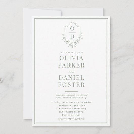 Invitation QR Code Crest Sage Green Photo Mariage élégant (Devant)