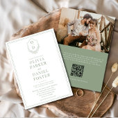 Invitation QR Code Crest Sage Green Photo Mariage élégant