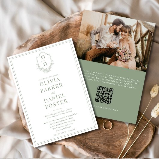 Invitation QR Code Crest Sage Green Photo Mariage élégant