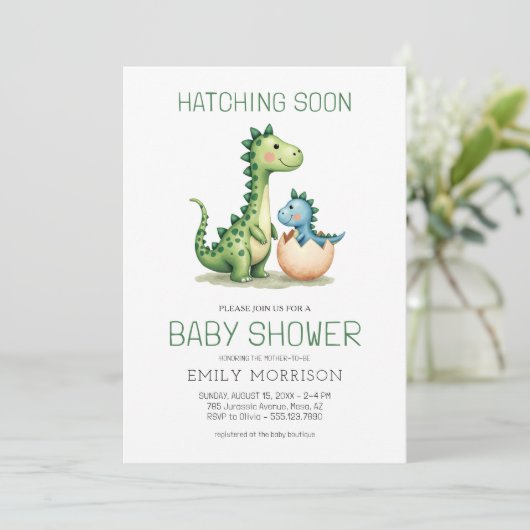 Invitation QR Code Cute Dinosaur Hatching Bientôt Baby shower (Debout devant)