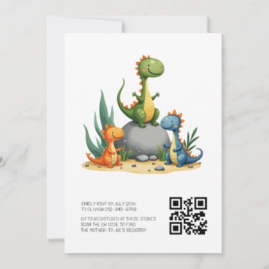 Invitation QR Code Cute Dinosaur Hatching Bientôt Baby shower (Dos)