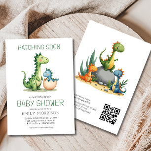 Invitation QR Code Cute Dinosaur Hatching Bientôt Baby shower