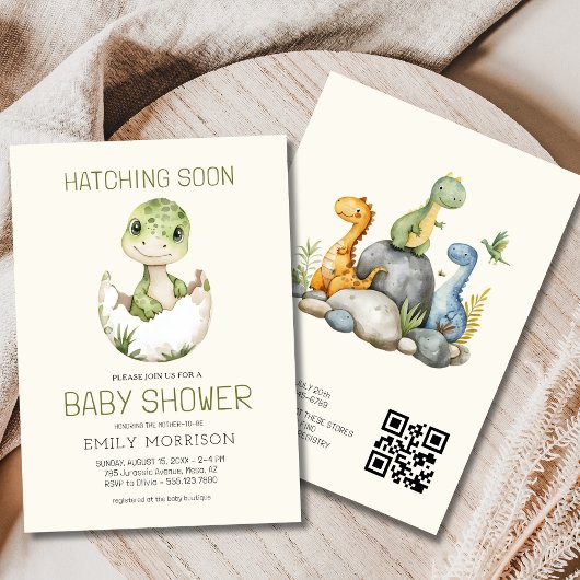 Invitation QR Code Dinosaure beige Hatching Bientôt Baby show