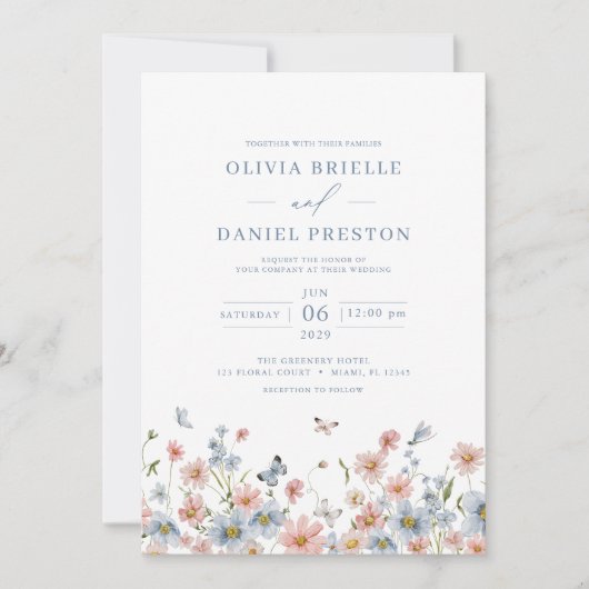 Invitation QR Code Dusty Blue Blush Fleur sauvage Mariage ros (Devant)
