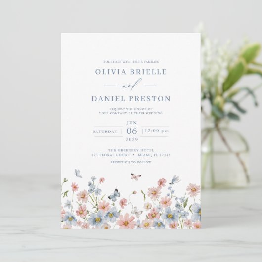 Invitation QR Code Dusty Blue Blush Fleur sauvage Mariage ros (Debout devant)